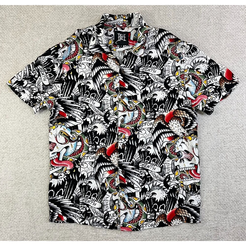 Ed Hardy "Death Before Dishonor" Button Down Shirt Graphic Print Men's S Skulls